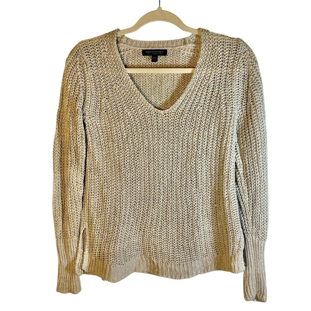 Banana Republic Womens XS Open Knit Sweater 100% Italian Linen Beach Boho Gray